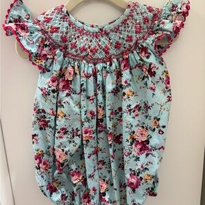 Smocked Floral Bubble Dress for Girls - Light Blue with Pink Floral